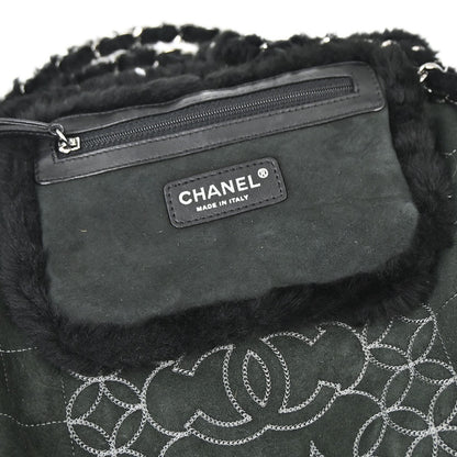 Chanel Vintage Embroidered CC Chain Tote Quilted Suede and Shearling, Black, Suede, Tote Bag