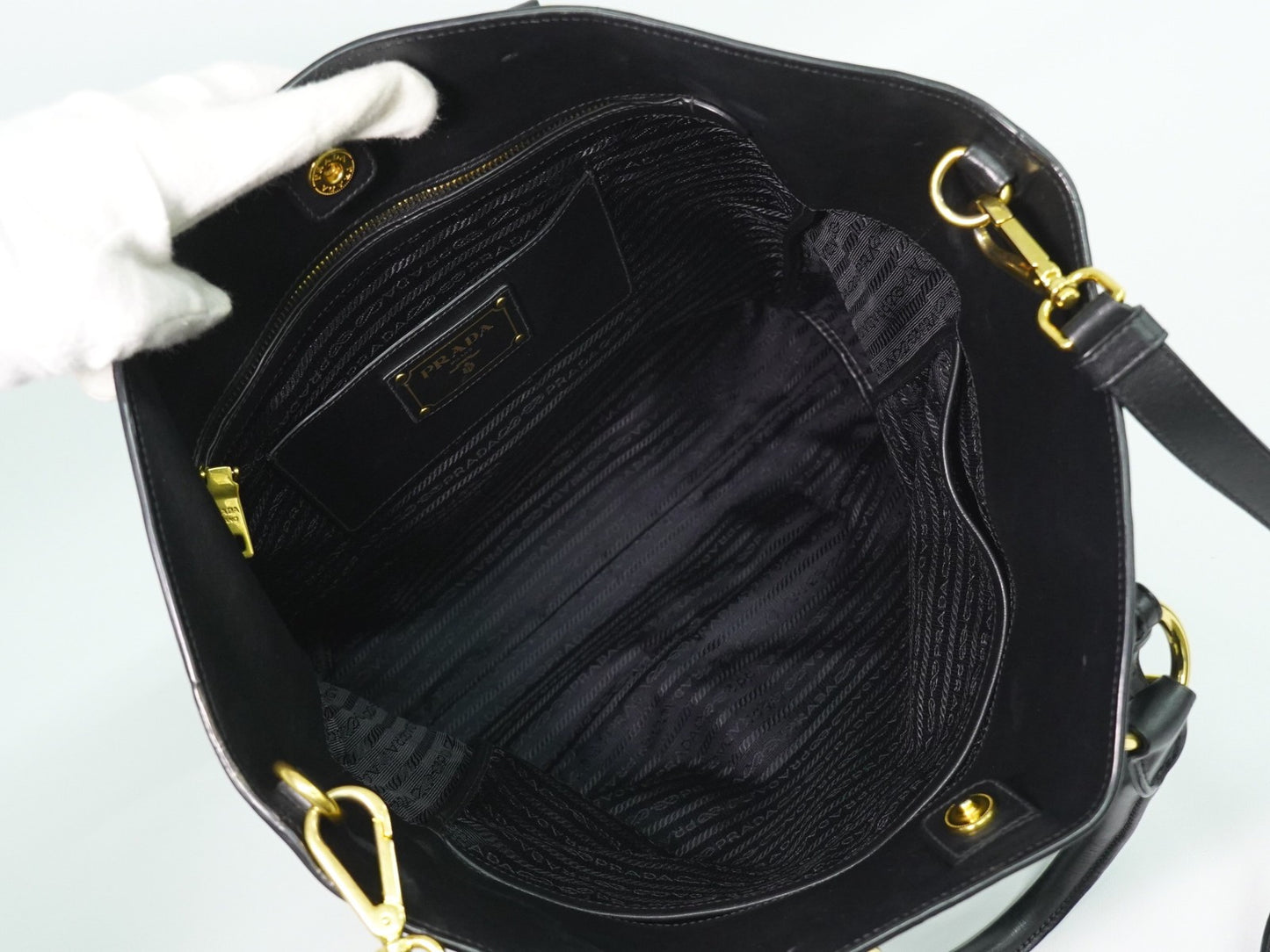 Prada Convertible Shopper Tote Soft Calf, BLACK, LEATHER, Tote bag