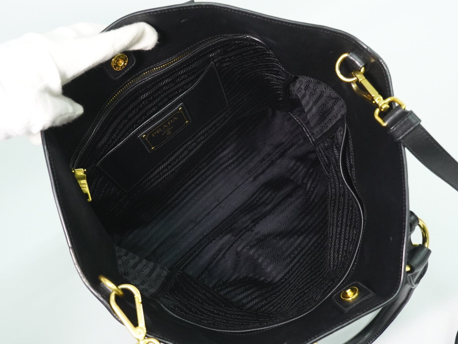 Prada Convertible Shopper Tote Soft Calf, BLACK, LEATHER, Tote bag