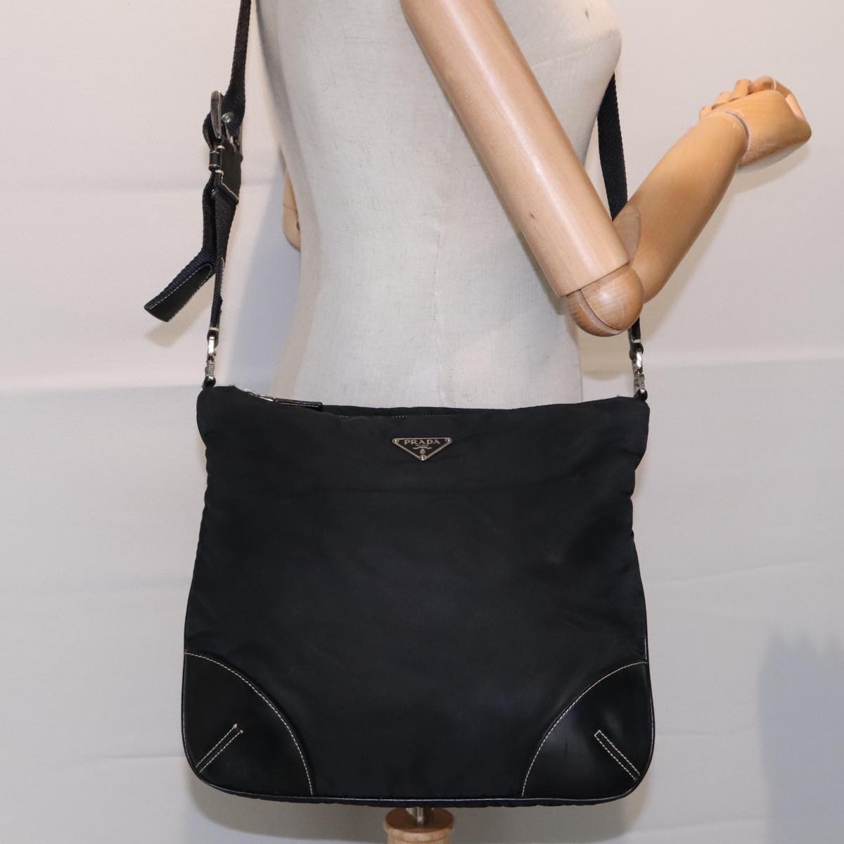Prada Zip Messenger Bag Tessuto with Leather, BLACK, NYLON, Shoulder bag