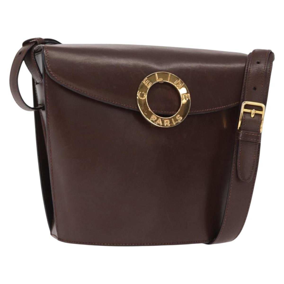 Celine Circle Logo Shoulder Bag Leather, BROWN, LEATHER, Shoulder bag