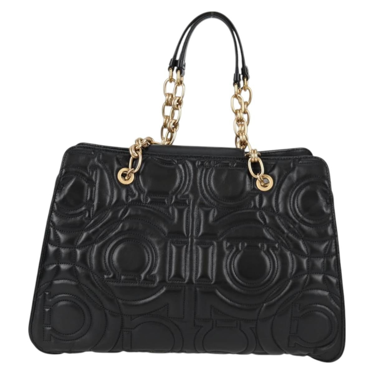 Salvatore Ferragamo Gancini Convertible Tote Quilted Leather, BLACK, LEATHER, Tote bag