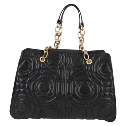Salvatore Ferragamo Gancini Convertible Tote Quilted Leather, BLACK, LEATHER, Tote bag