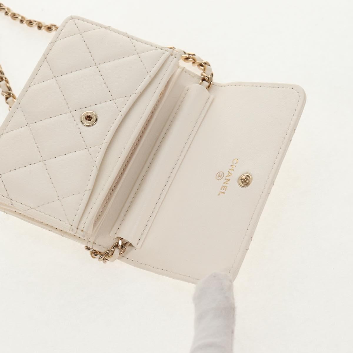 Chanel Camellia Bow Flap Card Holder with Chain Quilted Lambskin, WHITE, LEATHER, Shoulder bag