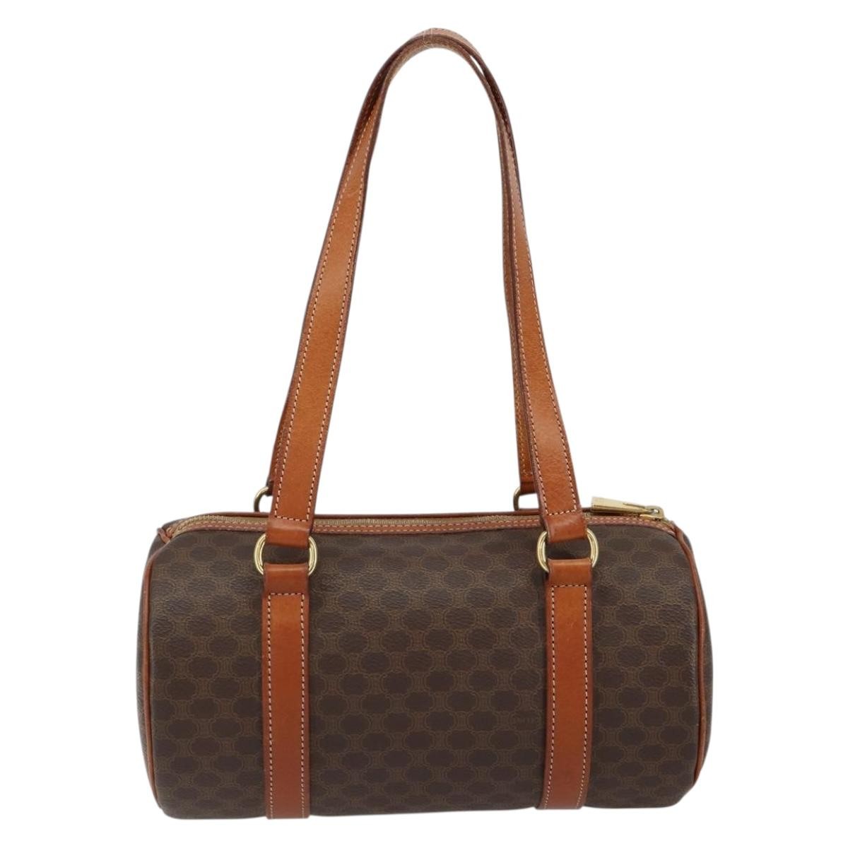 Celine Vintage Macadam Handbag Canvas and Leather, BROWN, PVC, Shoulder bag