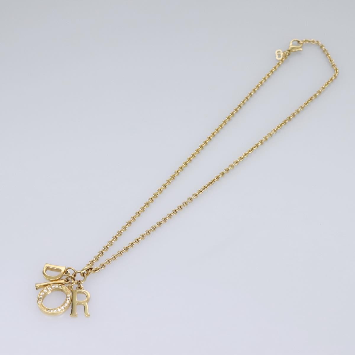 Christian Dior Logo Pendant Necklace Metal with Crystal, GOLD, METAL, Necklace