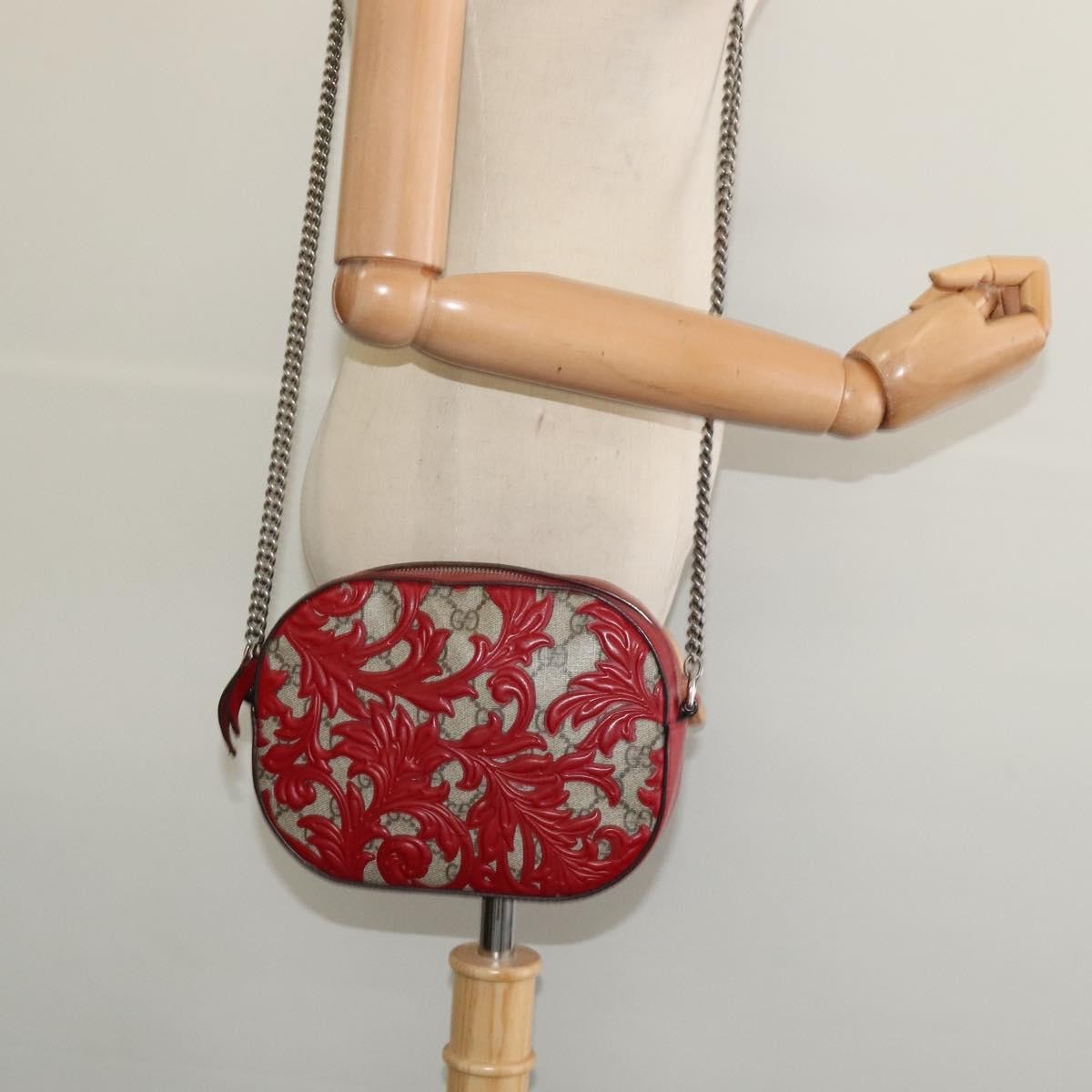 Gucci Chain Crossbody Bag Arabesque GG Coated Canvas with Leather, RED, LEATHER, Shoulder bag