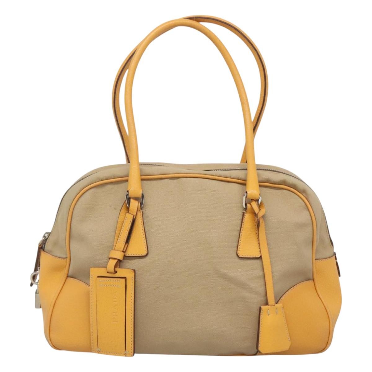 Prada Bauletto Bag Canvas with Leather, BEIGE, CANVAS, Handbag