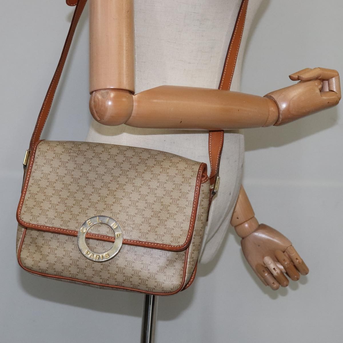 Celine Vintage Macadam Circle Logo Shoulder Bag Canvas and Leather, Beige, Canvas, Shoulder Bag