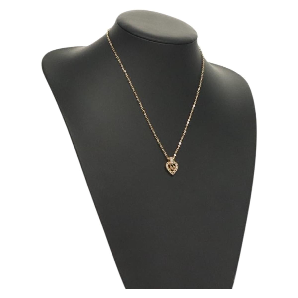Christian Dior Logo Heart Pendant Necklace Metal with Crystal, GOLD, METAL, Necklace