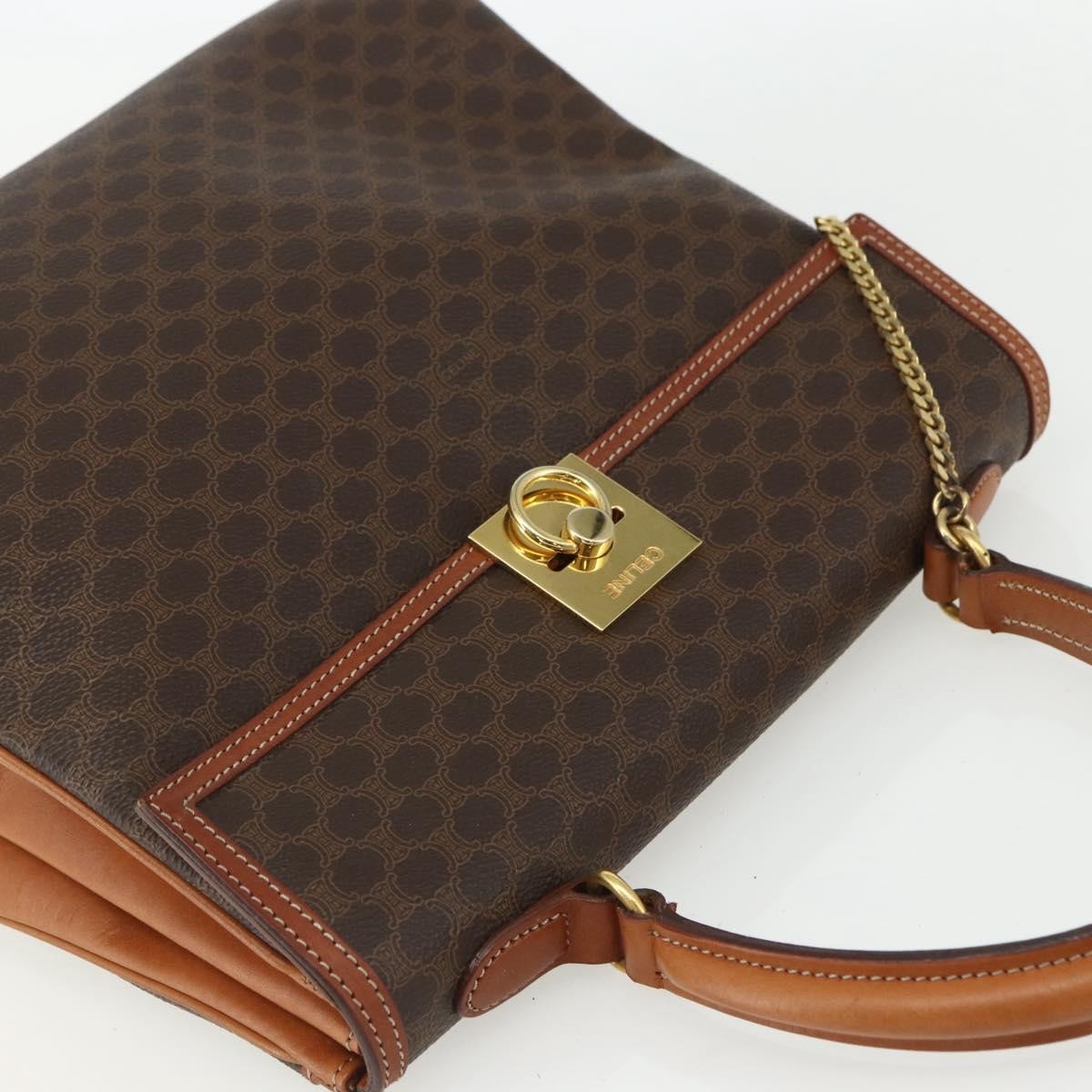 Celine Vintage Macadam Handbag Canvas and Leather, BROWN, CANVAS, Handbag