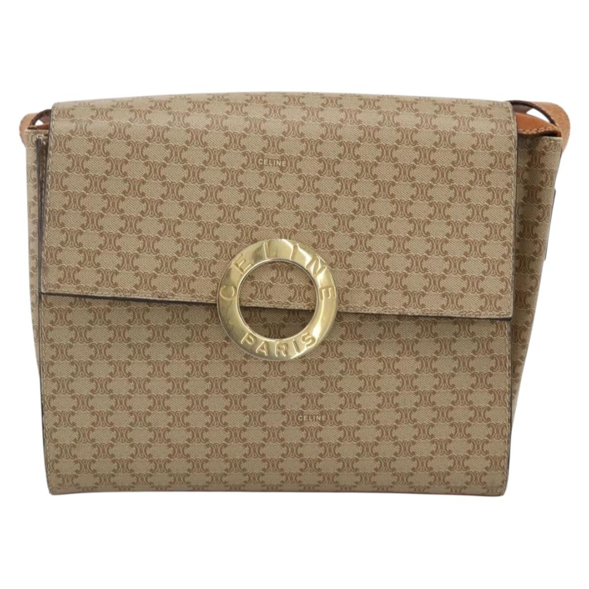 Celine Vintage Macadam Circle Logo Shoulder Bag Canvas and Leather, Beige, Canvas, Shoulder Bag