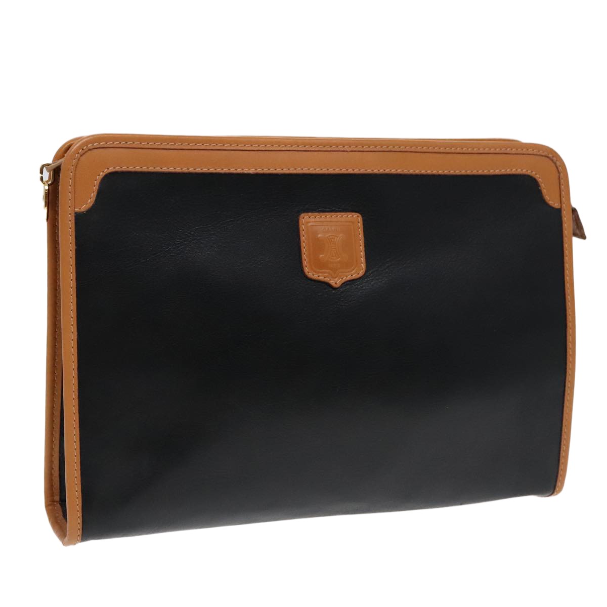 Celine Logo Triomphe Pouch Leather, BLACK, LEATHER, Clutche & pouche