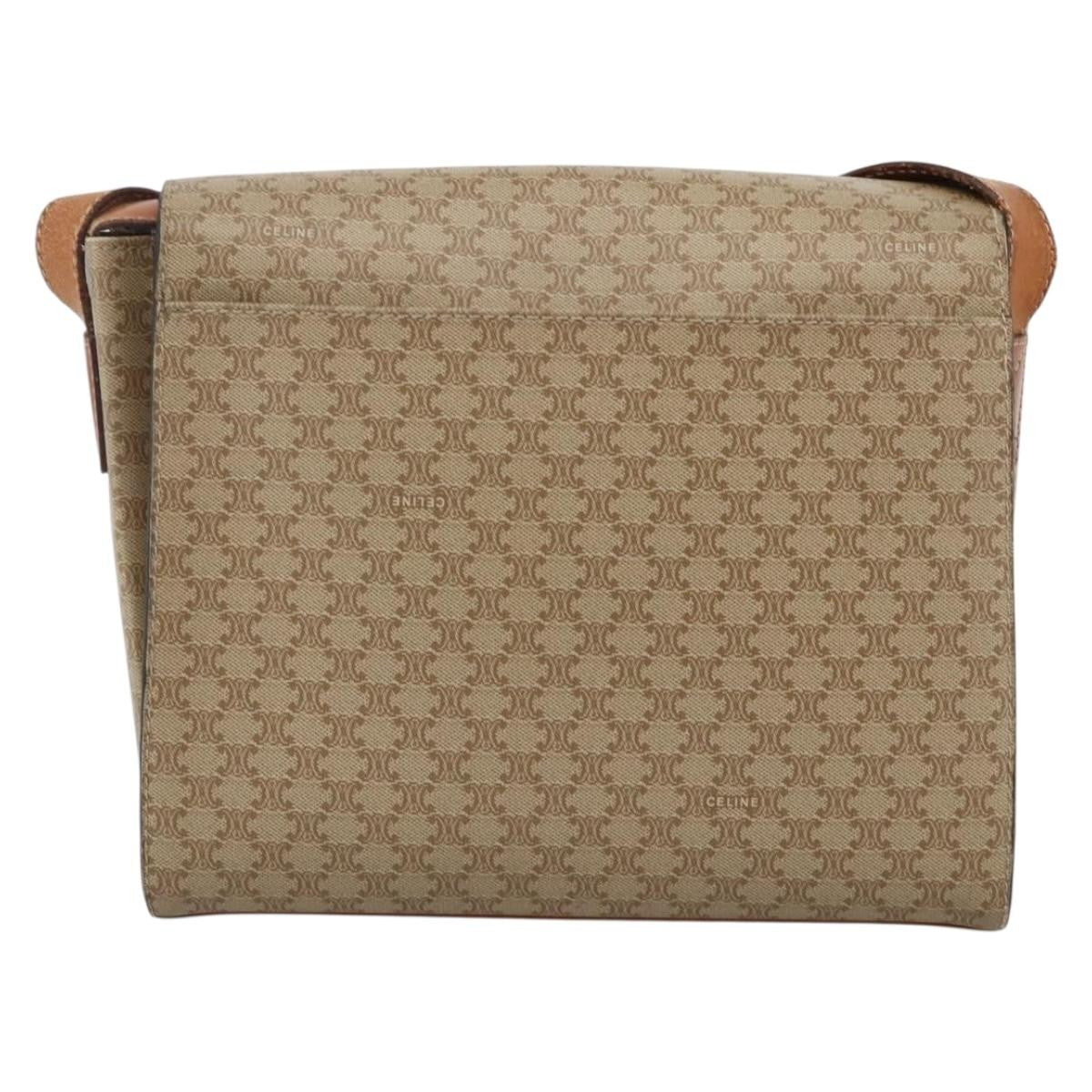 Celine Vintage Macadam Circle Logo Shoulder Bag Canvas and Leather, Beige, Canvas, Shoulder Bag