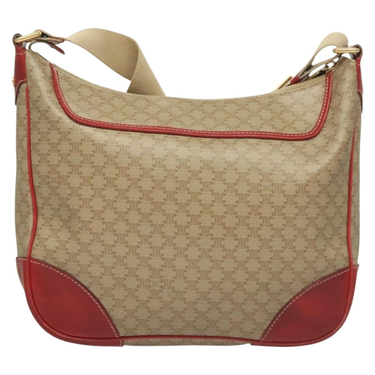 Celine Vintage Macadam Shoulder Bag Canvas and Leather, BEIGE, CANVAS, Shoulder bag