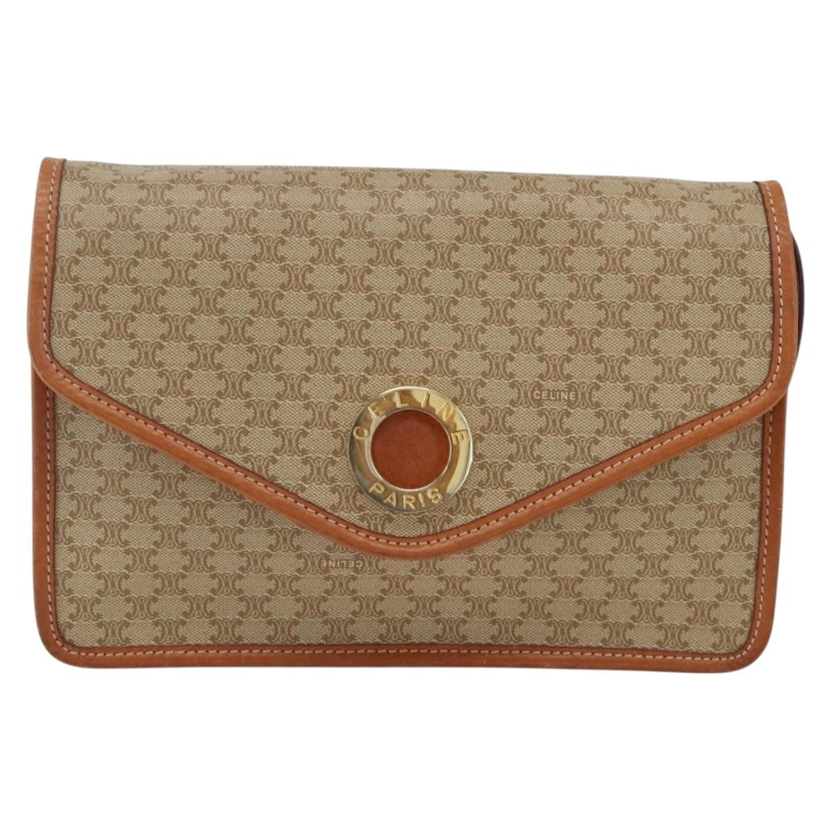 Celine Vintage Macadam Circle Logo Shoulder Bag Canvas and Leather, Beige, Canvas, Shoulder Bag