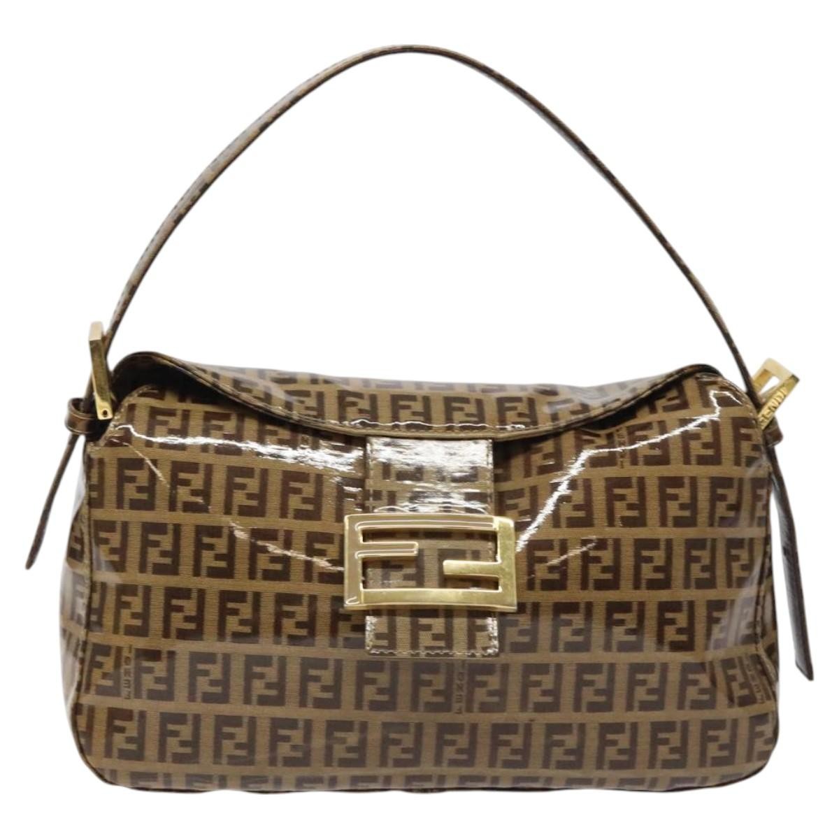 Fendi Vintage FF Buckle Curved Hobo Zucchino Coated Canvas, BROWN, PATENT_LEATHER, Handbag