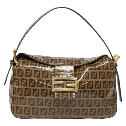 Fendi Vintage FF Buckle Curved Hobo Zucchino Coated Canvas, BROWN, PATENT_LEATHER, Handbag