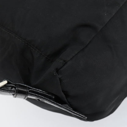Prada Cinch Buckle Flap Backpack Tessuto with Crocodile Embossed Leather, BLACK, NYLON, Backpack
