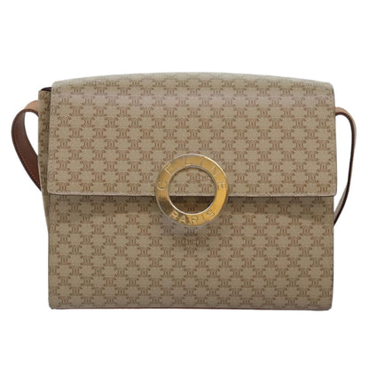 Celine Vintage Macadam Circle Logo Shoulder Bag Canvas and Leather, Beige, Canvas, Shoulder Bag
