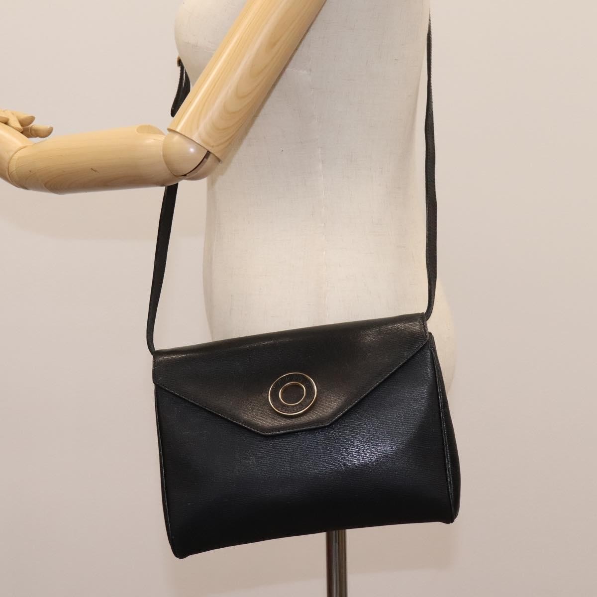 Celine Vintage Circle Logo Crossbody Bag Leather, BLACK, LEATHER, Crossbody bag