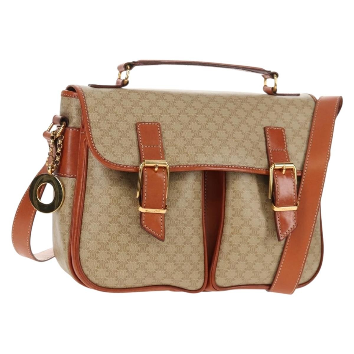 Celine Vintage Macadam Handbag Canvas and Leather, BEIGE, CANVAS, Handbag