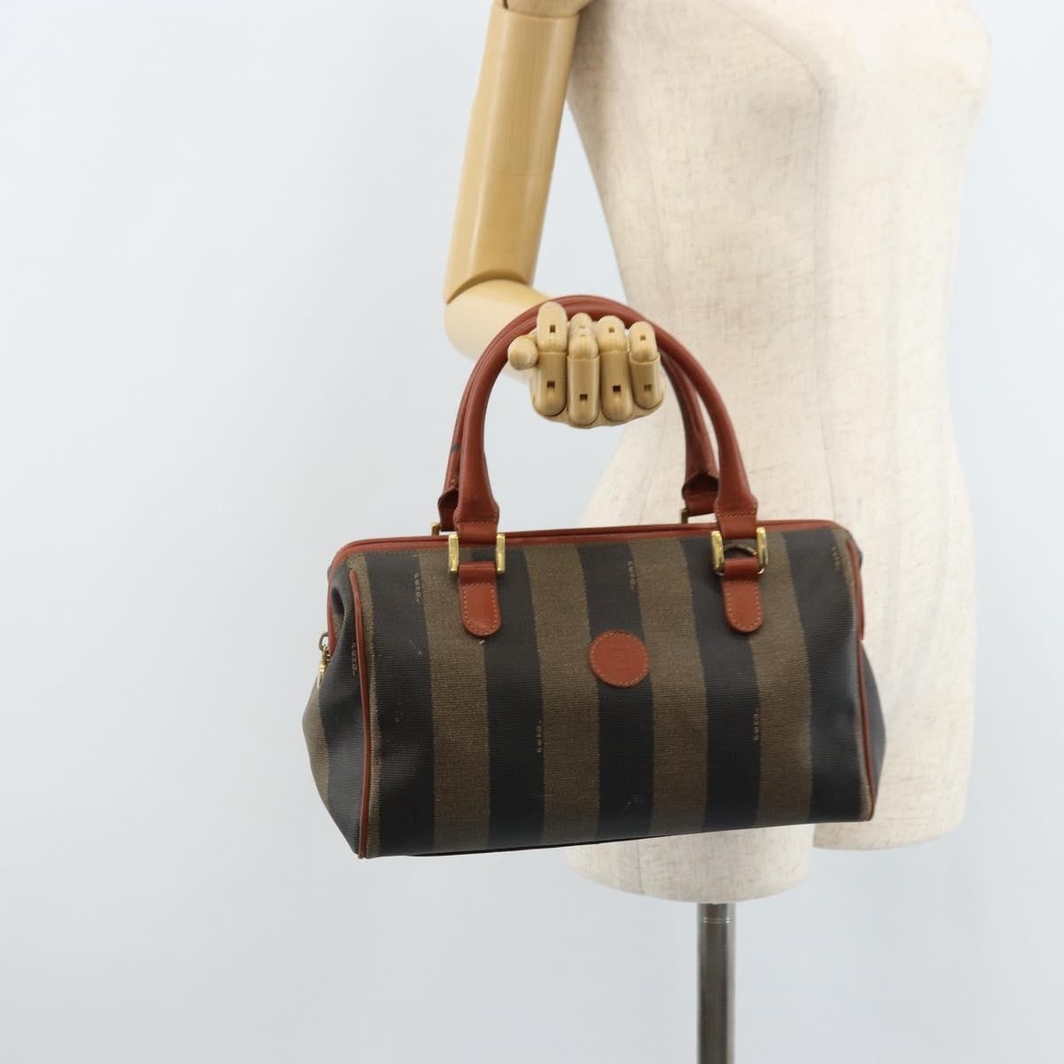 Fendi Vintage Pequin Convertible Boston Bag Coated Canvas, BROWN, CANVAS, Handbag