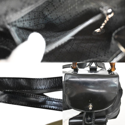 Gucci Vintage Bamboo Backpack Nylon and Patent Leather, BLACK, NYLON, Backpack