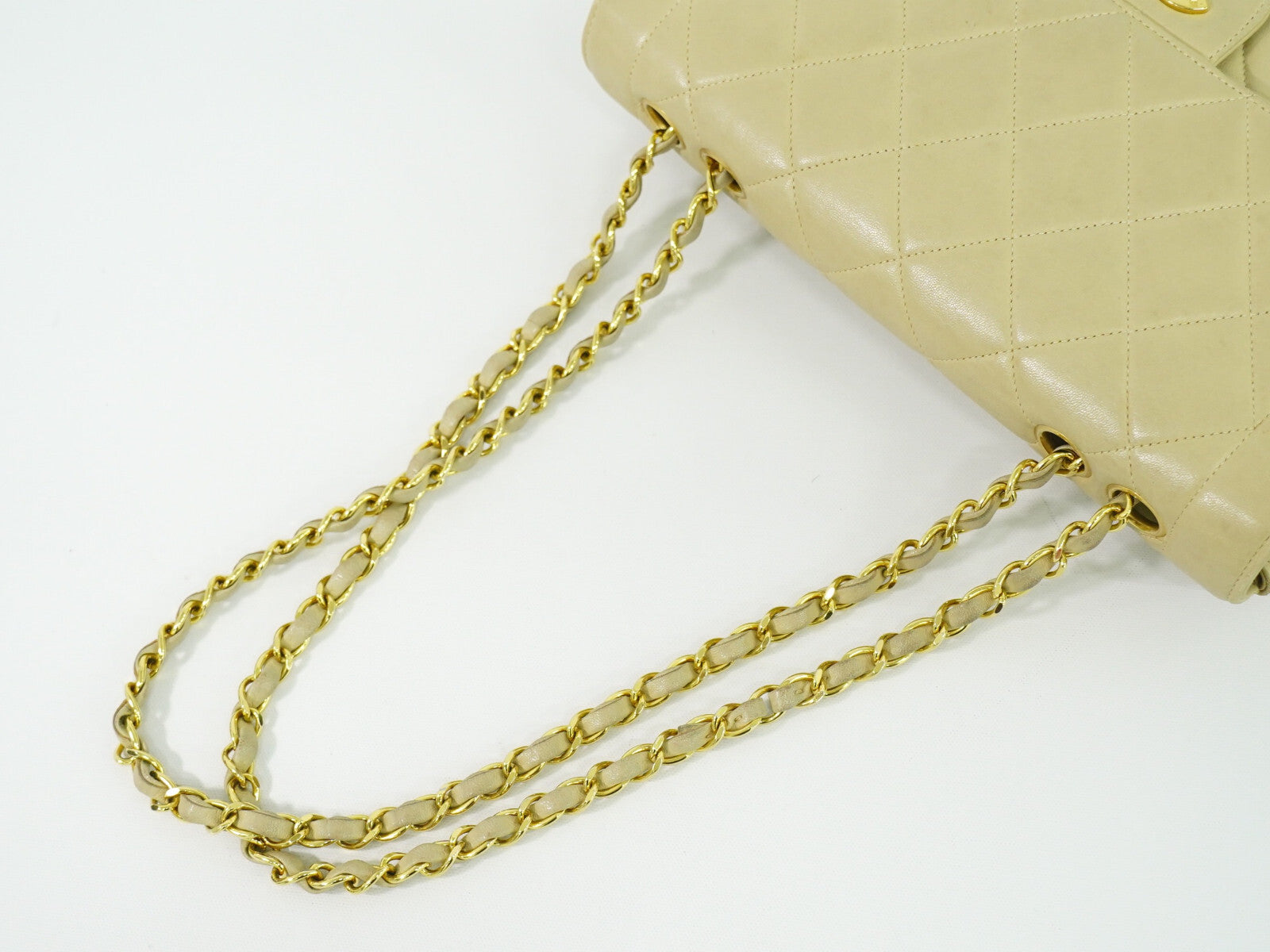 Chanel Vintage Square Flap Bag Quilted Lambskin, BEIGE, LEATHER, Shoulder bag