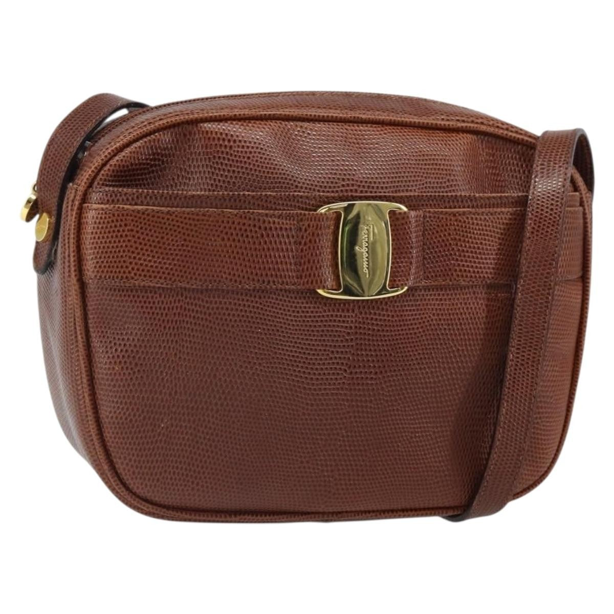 Salvatore Ferragamo Vara Bow camera Shoulder Bag Leather, BROWN, LEATHER, Shoulder bag