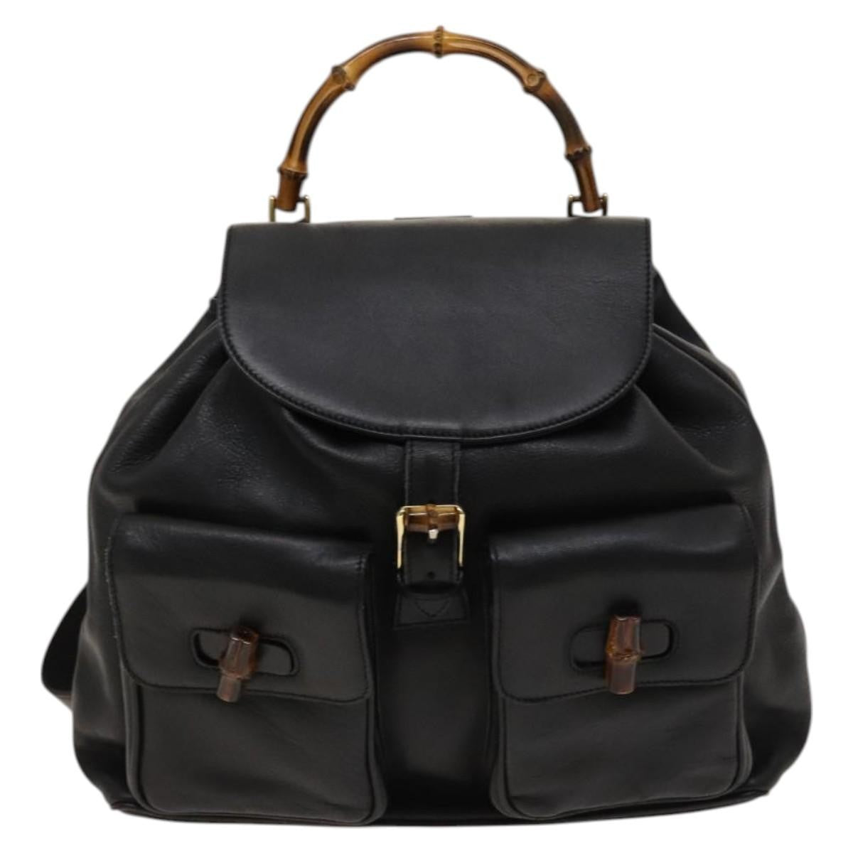Gucci Vintage Bamboo Backpack Leather, Black, Leather, Backpack