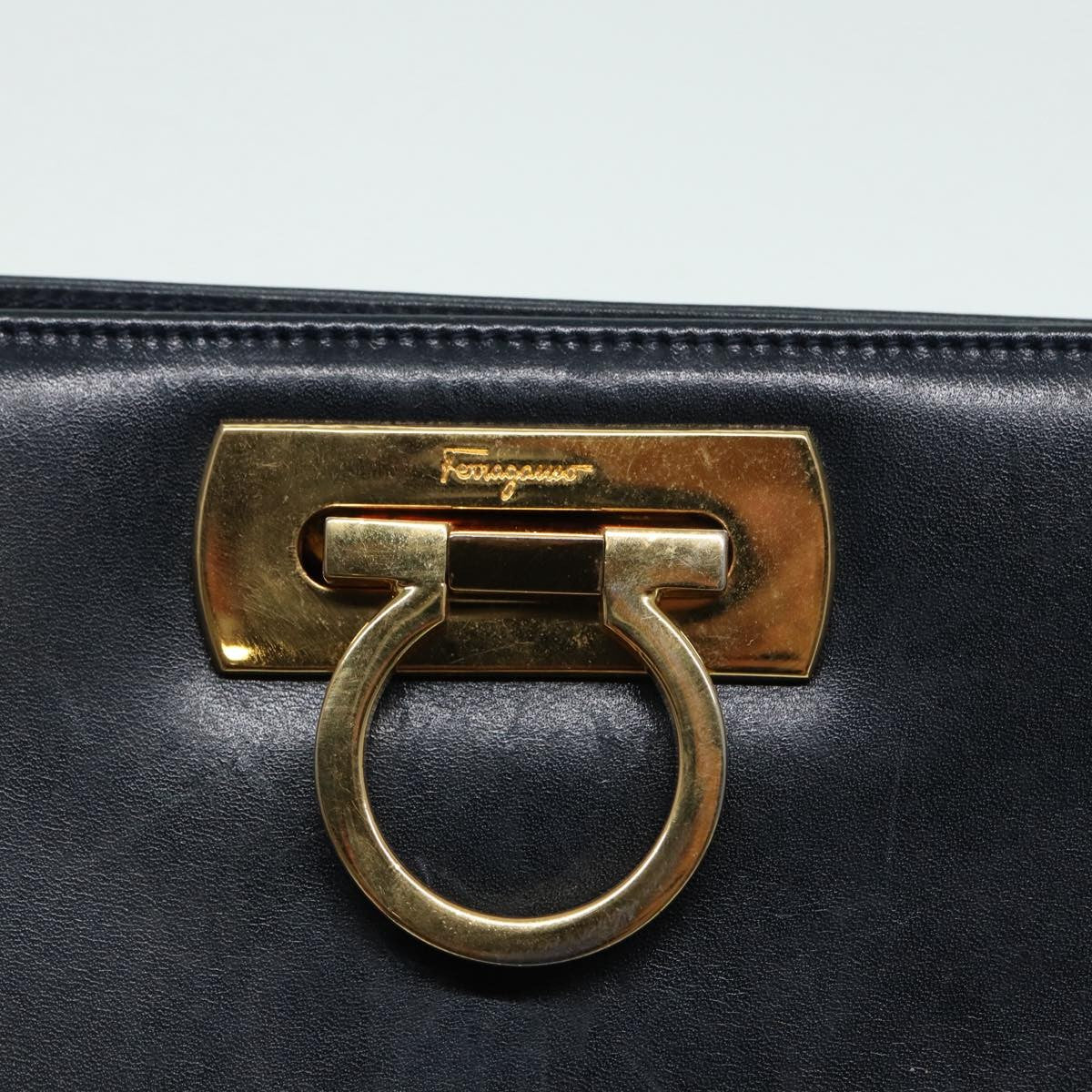Salvatore Ferragamo Vintage Gancini Chain Shoulder Bag Leather, NAVY, LEATHER, Shoulder bag