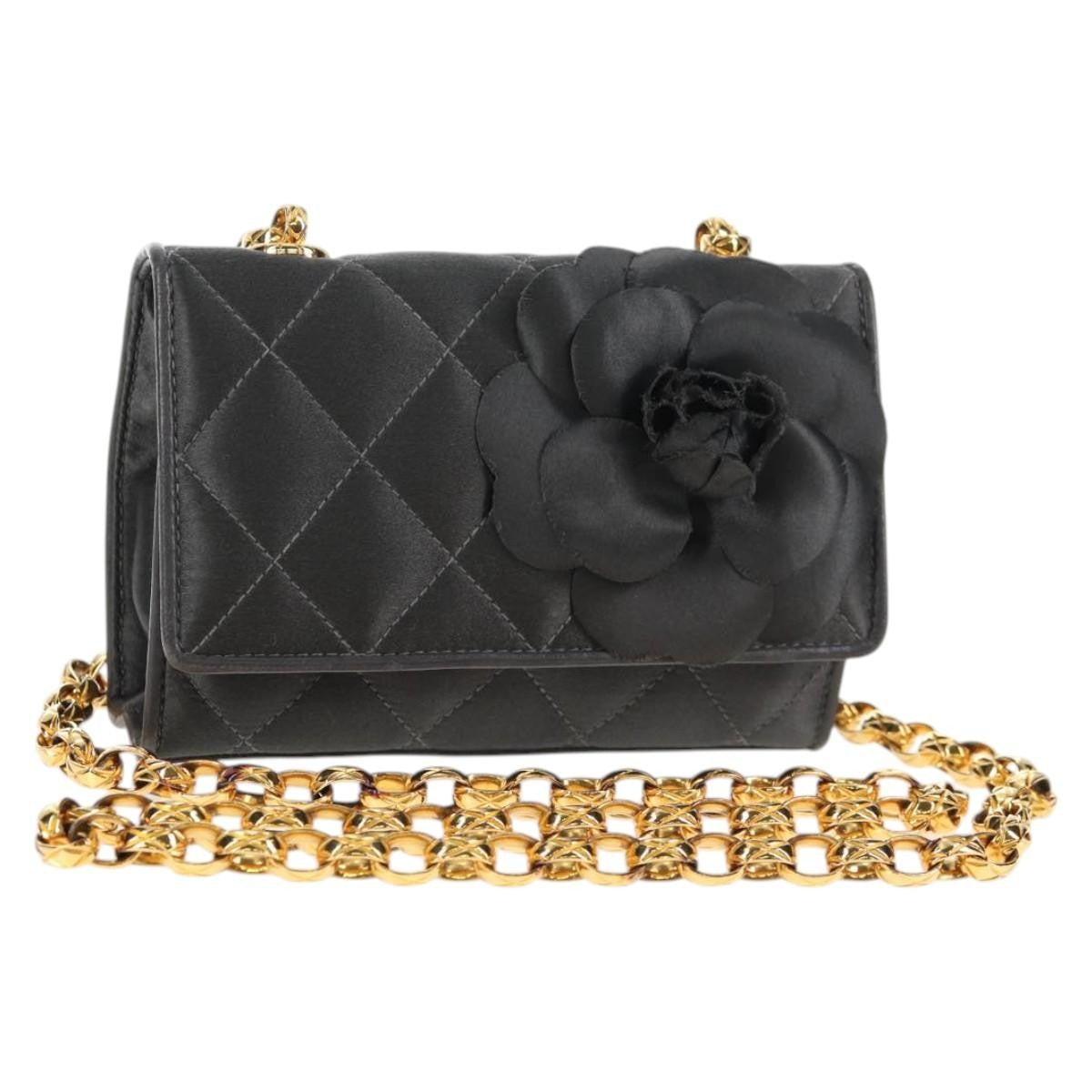 Chanel Vintage Camellia Flap Crossbody Bag Satin and Mesh, BLACK, SATIN, Shoulder bag