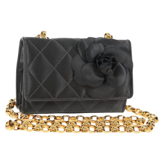 Chanel Vintage Camellia Flap Crossbody Bag Satin and Mesh, BLACK, SATIN, Shoulder bag