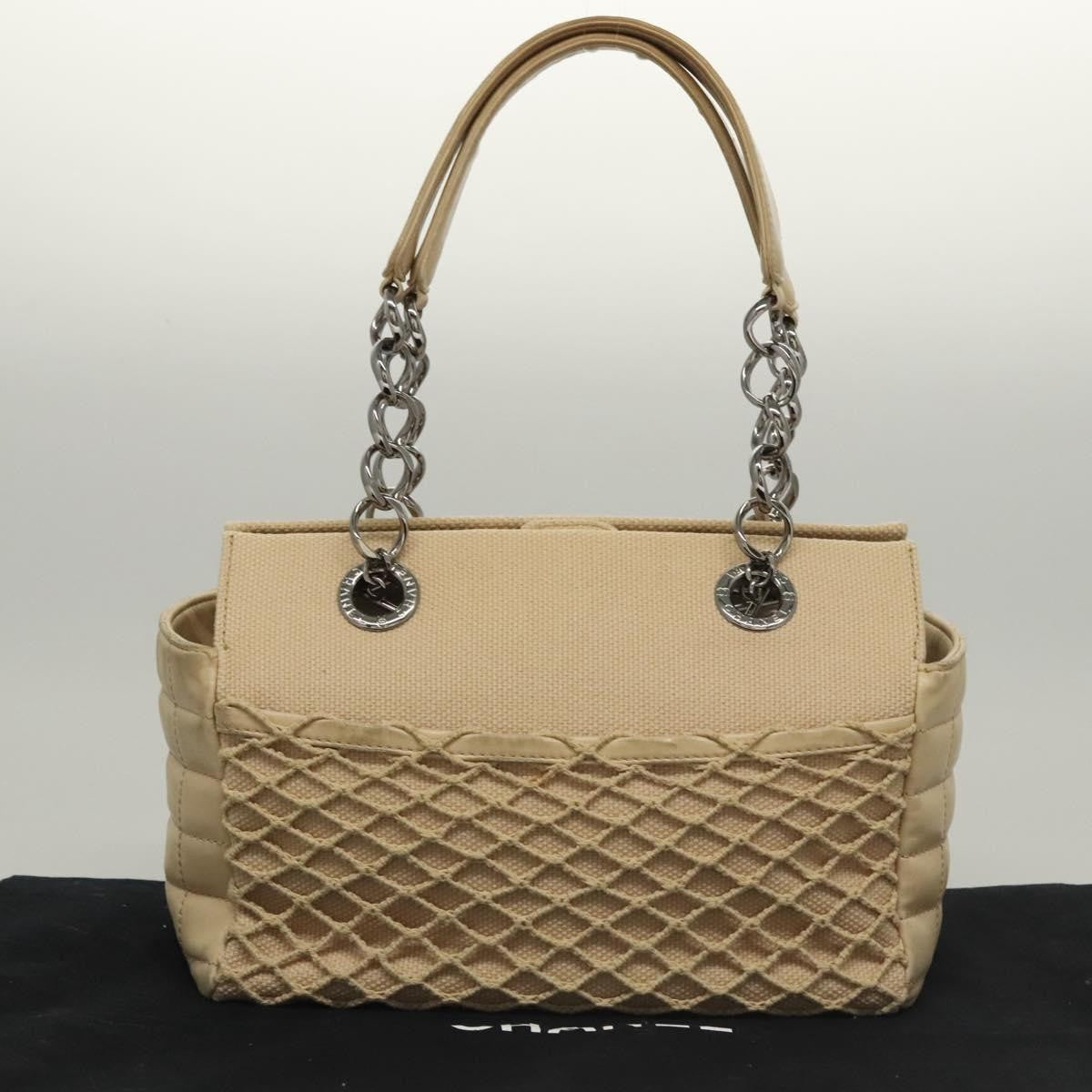 Chanel Vintage Chocolate Bar Tote Quilted Canvas, Beige, Canvas, Handbag