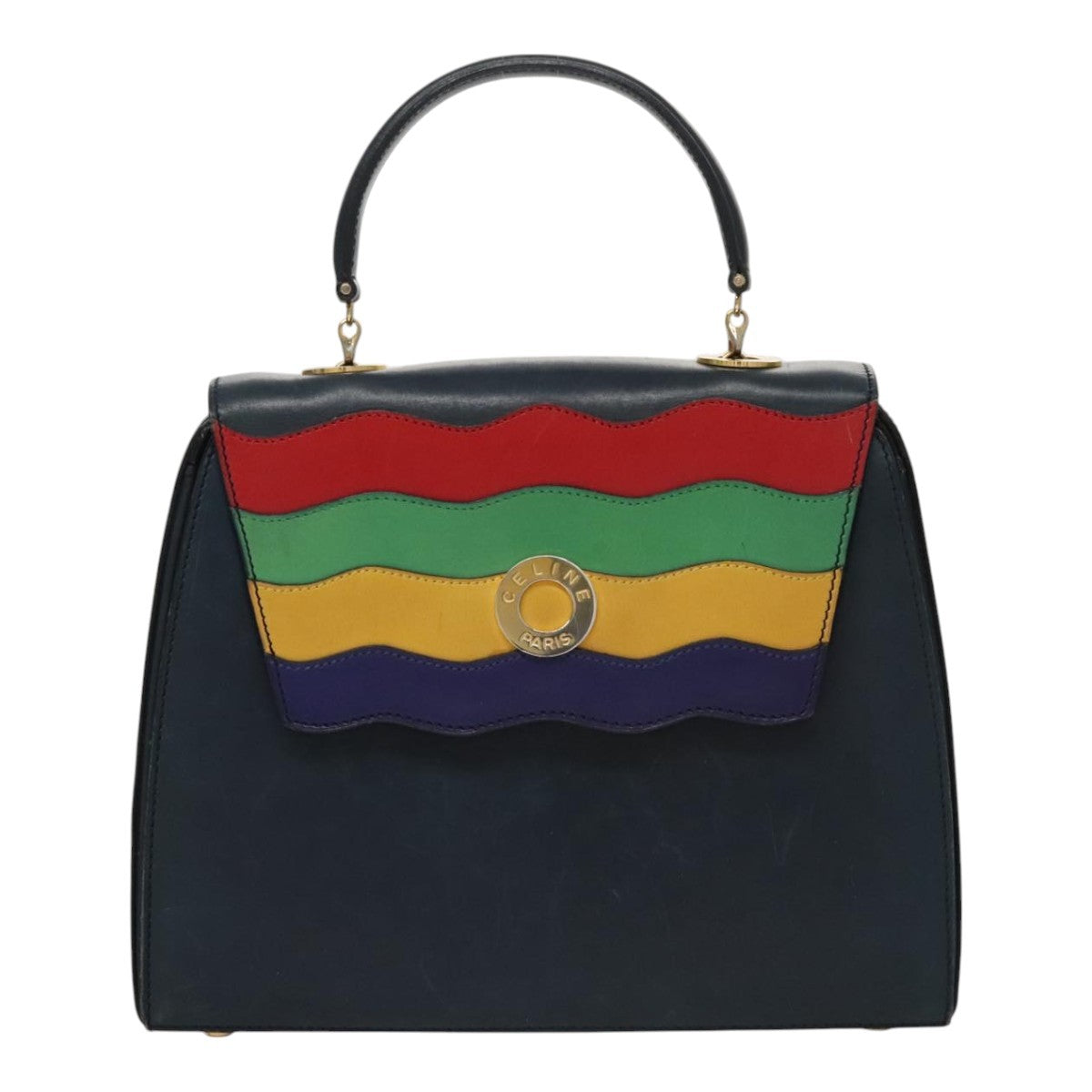 Celine Circle Logo Handbag Leather, NAVY, LEATHER, Handbag