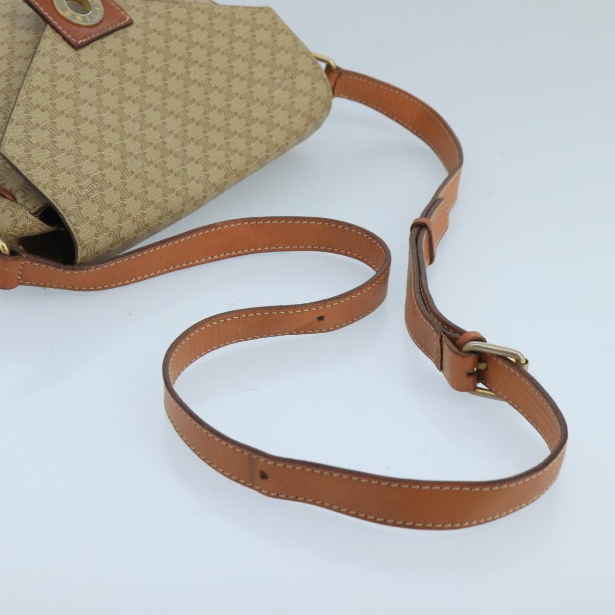Celine Vintage Macadam Circle Logo Shoulder Bag Canvas and Leather, BEIGE, CANVAS, Shoulder bag
