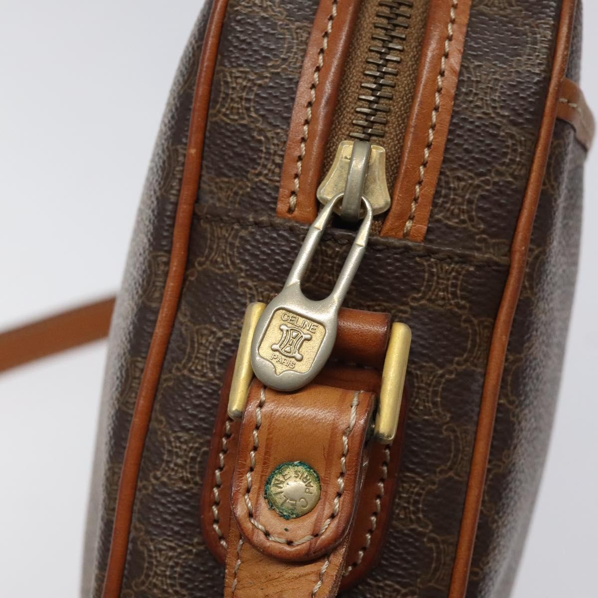 Celine Vintage Macadam Shoulder Bag Canvas and Leather, Brown, Canvas, Shoulder Bag