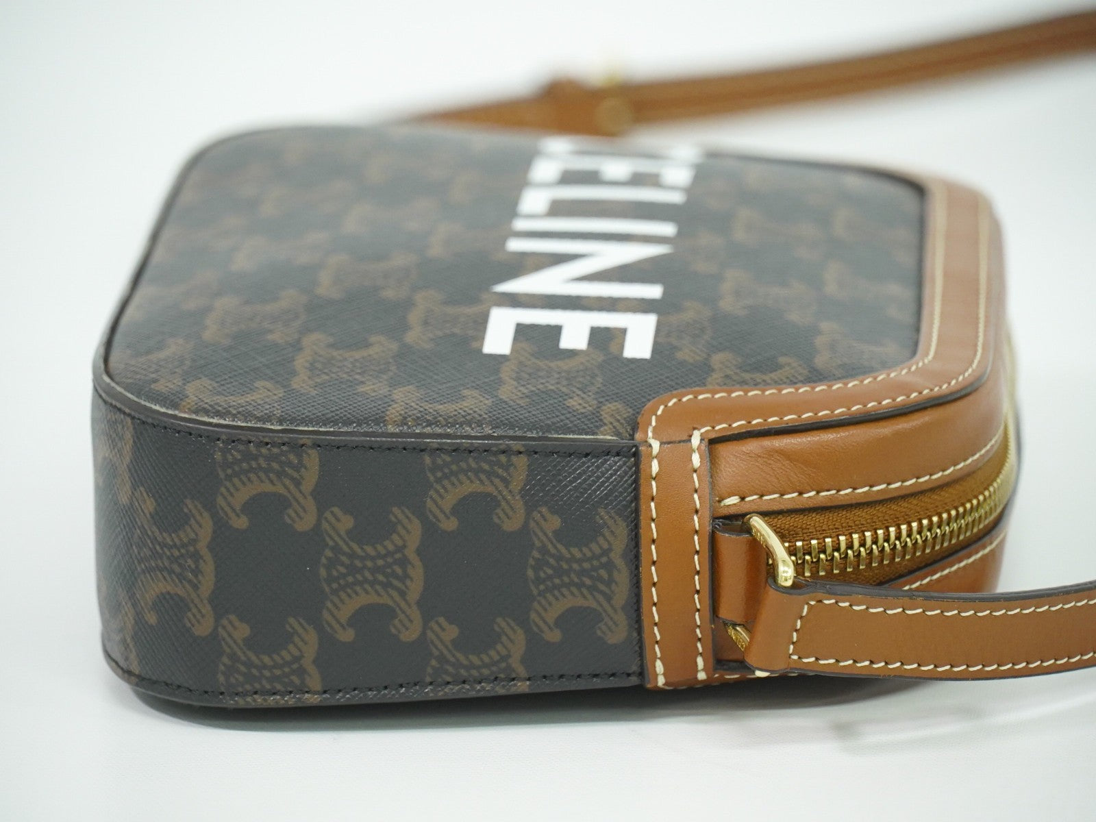 Celine Logo Camera Bag Triomphe Coated Canvas, BROWN, CLOTH, Shoulder bag