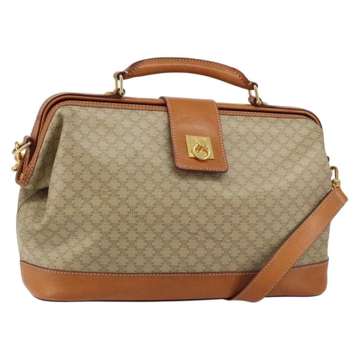 Celine Vintage Macadam Handbag Canvas and Leather, BEIGE, CANVAS, Handbag