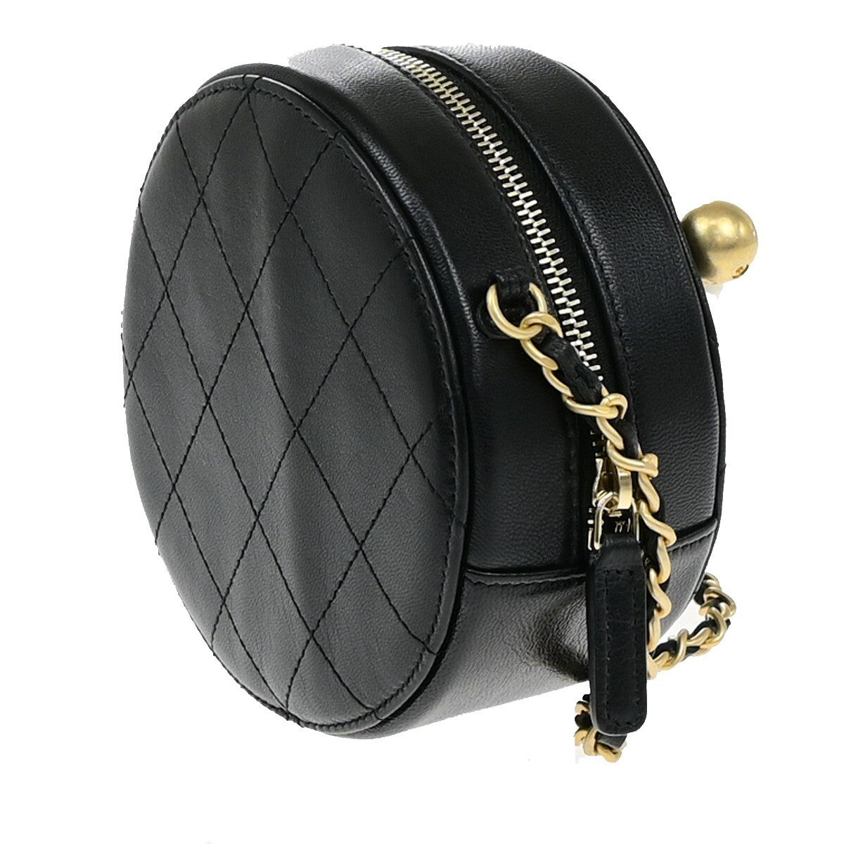 Chanel Chic Pearls Round Clutch with Chain Quilted Lambskin, BLACK, LEATHER, Shoulder bag