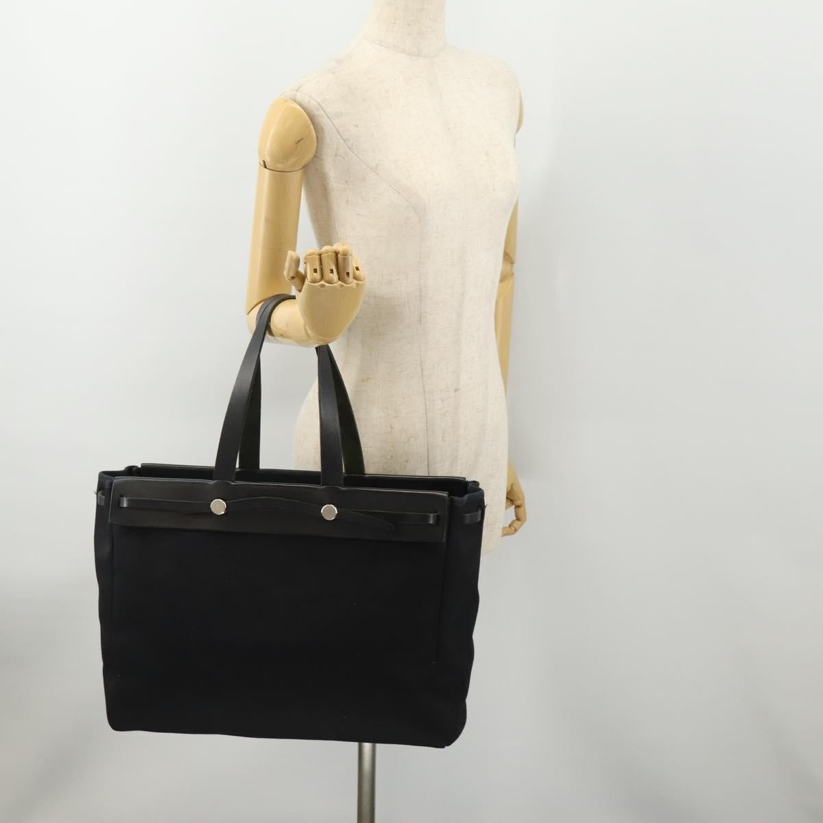 Hermes Herbag Cabas Toile and Leather, Black, Canvas, Tote Bag