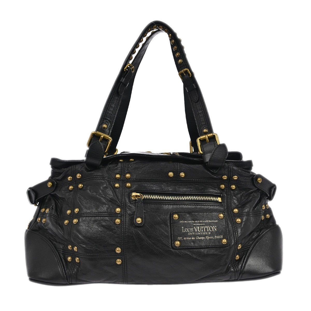 Louis Vuitton Riveting Handbag Studded Lambskin, BLACK, LEATHER, Shoulder bag
