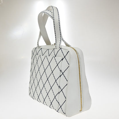Chanel Surpique Zip Around Satchel Quilted Leather, WHITE, LEATHER, Handbag