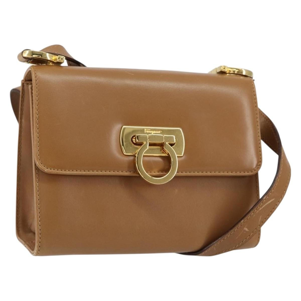 Salvatore Ferragamo Gancini Shoulder Bag Leather, BROWN, LEATHER, Shoulder bag