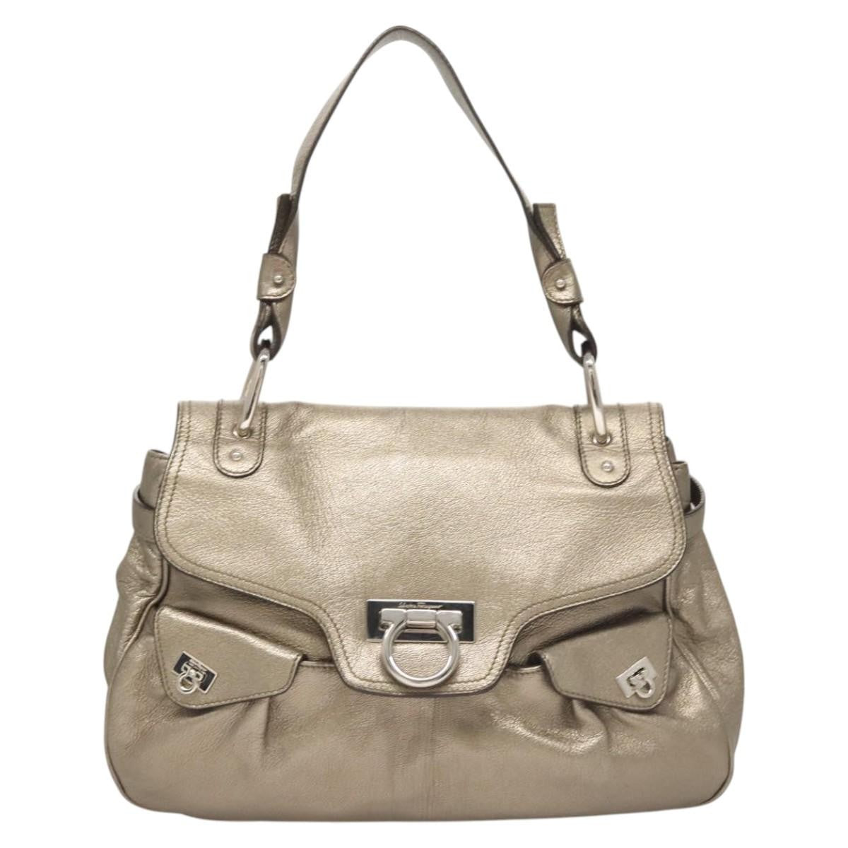 Salvatore Ferragamo Gancini Shoulder Bag Leather, GOLD, LEATHER, Shoulder bag