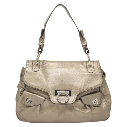 Salvatore Ferragamo Gancini Shoulder Bag Leather, GOLD, LEATHER, Shoulder bag