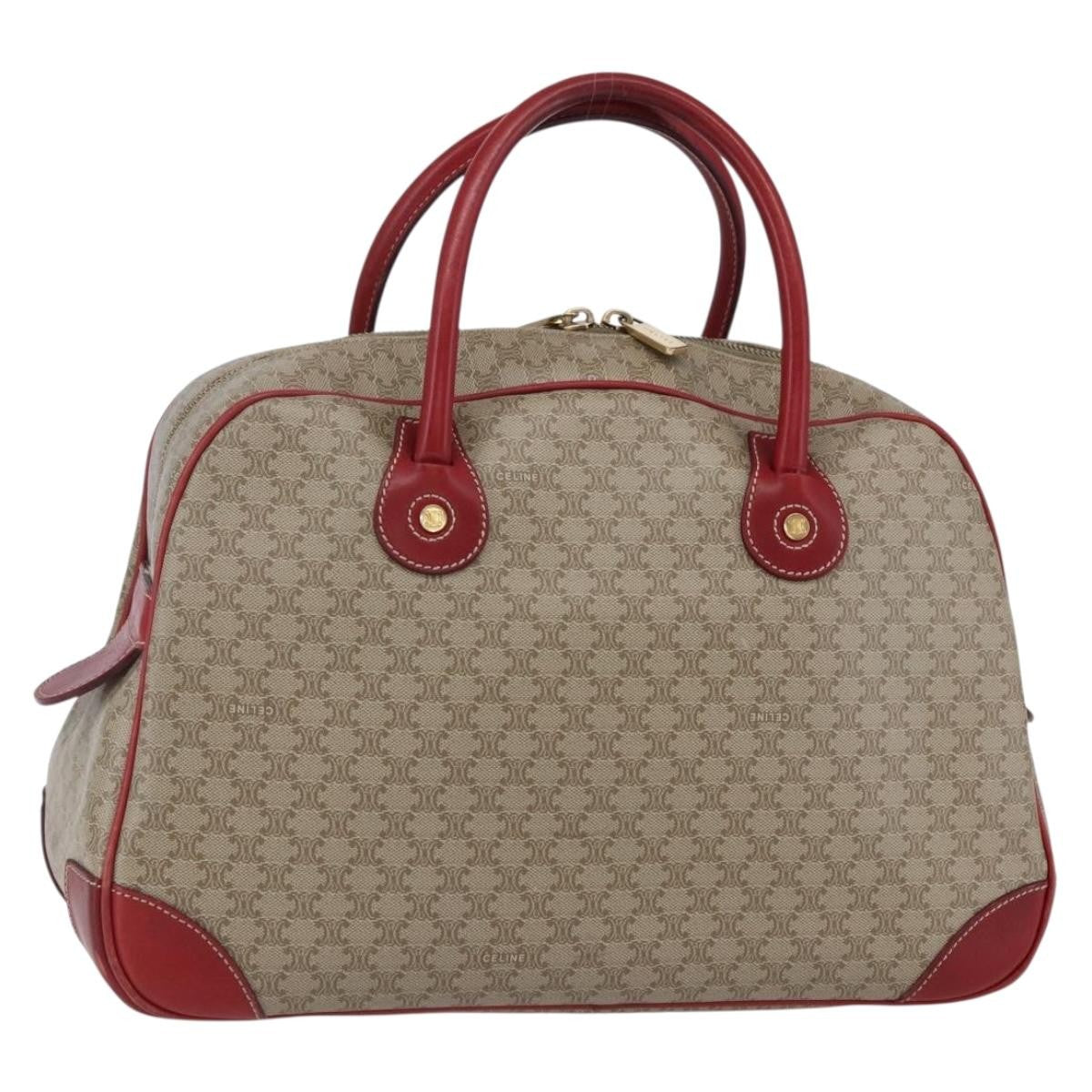 Celine Vintage Macadam Handbag Canvas and Leather, BEIGE, PVC, Handbag