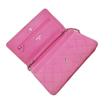 Chanel Wallet on Chain Quilted Grained Calfskin, PINK, LEATHER, Clutche & pouche