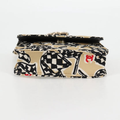 Chanel Flap Card Holder on Chain Quilted Printed Canvas, BEIGE, CANVAS, Clutche & pouche